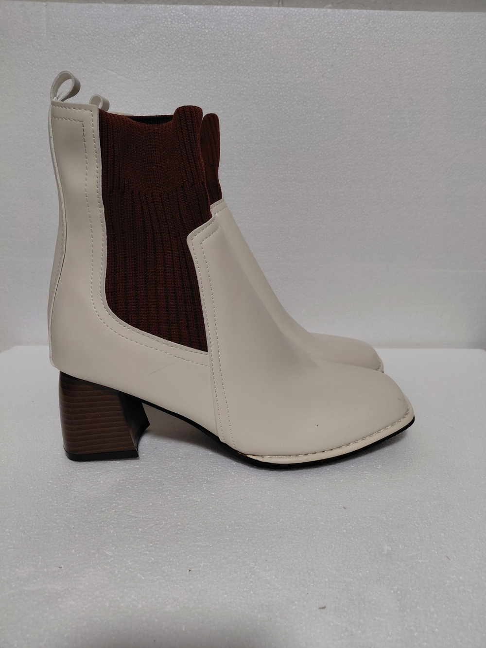 Women’s Cream Ankle Boot with Brown Knit Panel